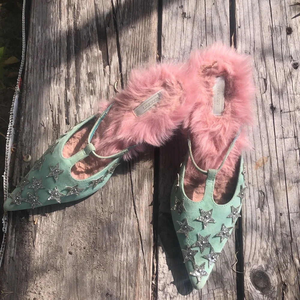 LILICIOUS a Japanese designer MINT/PINK  ponity toes faux furshoes/size5,5.5 - Picture 2 of 5